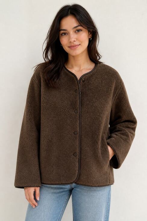 H&M Jackets & Blazers - H&M Brown Faux Sherpa Snap Button Jacket S